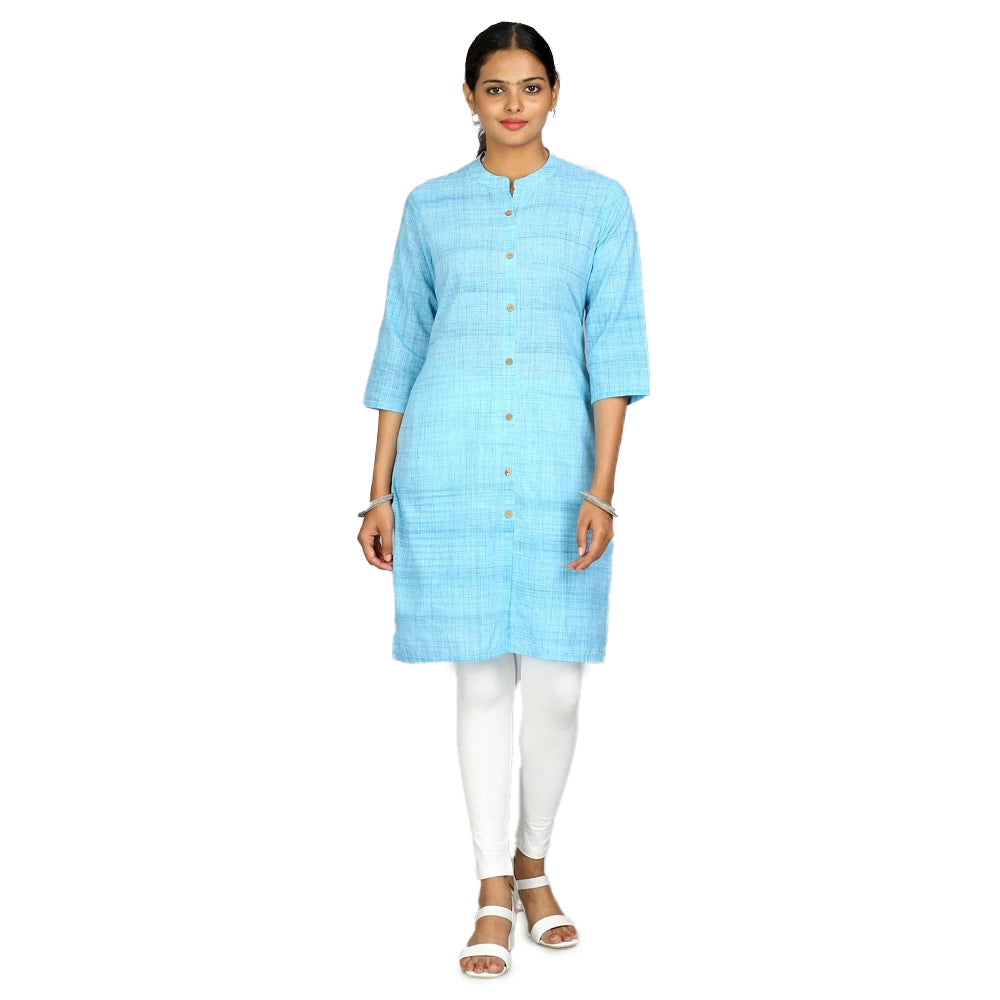 Kansie 100% Pure Cotton Yarn Dyed Kurta- Sky Blue