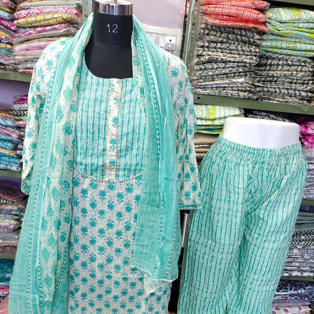 Cotton Fabric Kurti with Afgani Pant and Duptta(Aqua)1