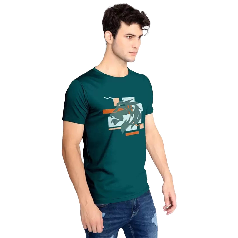 JF Men Printed Round Neck Pure Cotton Dark Green T-Shirt