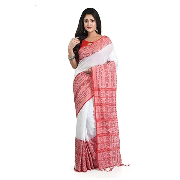 KHADI Begom Puri saree Red Border Saree White and Red-1