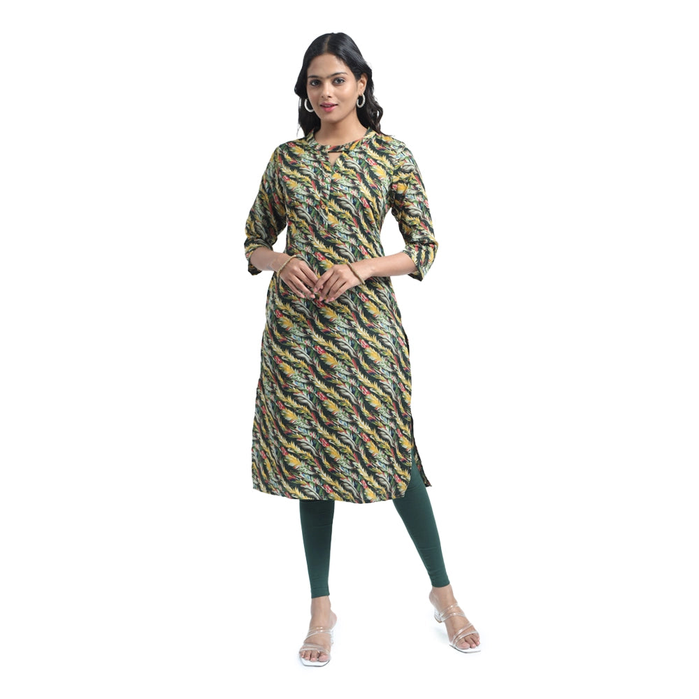 Kansie 100% Rayon Printed Kurta-Black