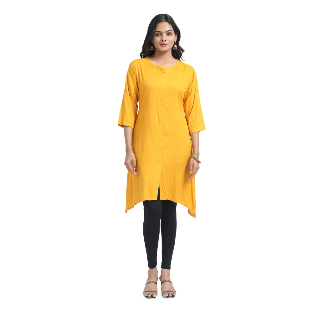 Kansie 100% Rayon Plain Kurta-Mustard Yellow