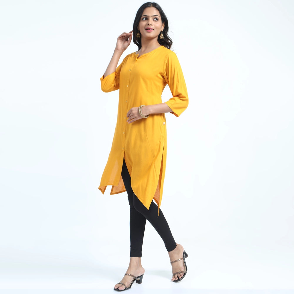 Kansie 100% Rayon Plain Kurta-Mustard Yellow.2