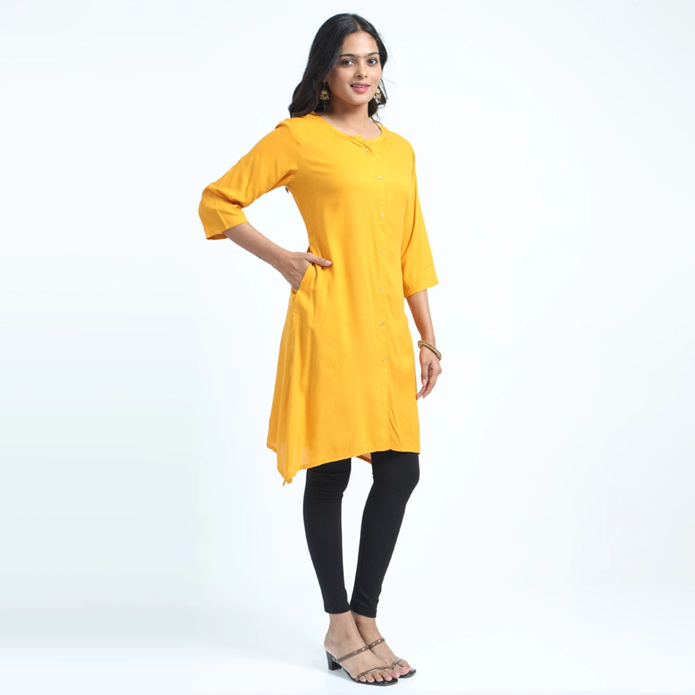 Kansie 100% Rayon Plain Kurta-Mustard Yellow.3