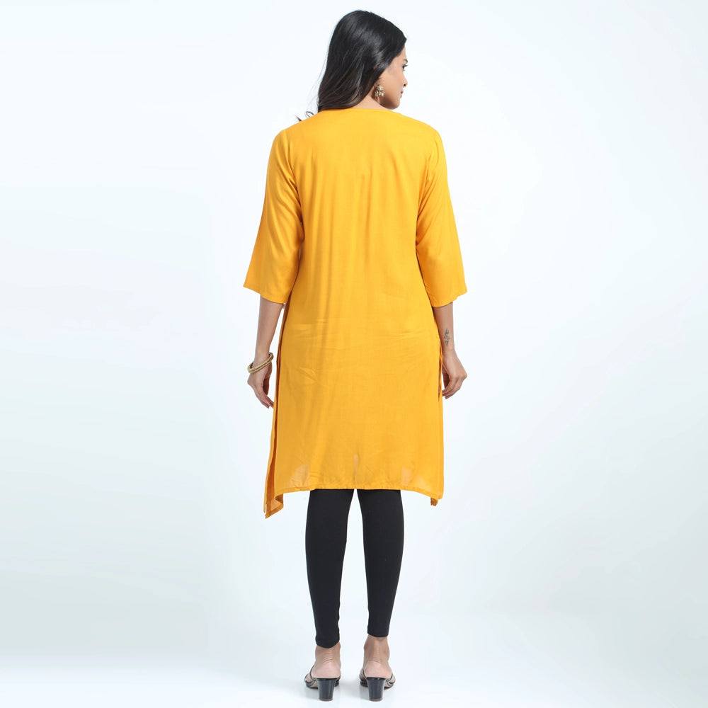 Kansie 100% Rayon Plain Kurta-Mustard Yellow.4