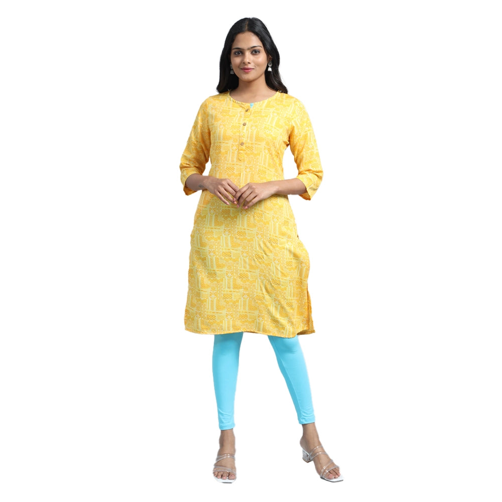 Kansie Rayon Flex Printed Kurta-Lemon Yellow