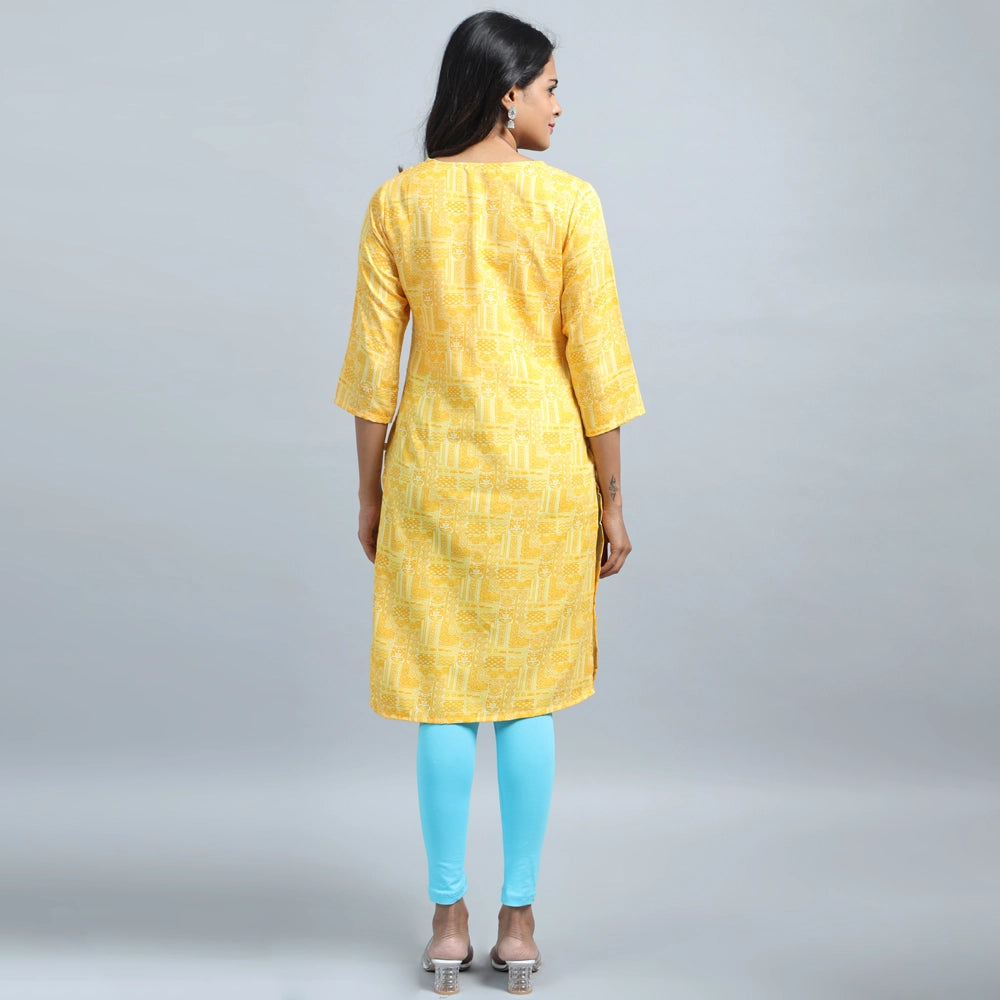 Kansie Rayon Flex Printed Kurta-Lemon Yellow.4