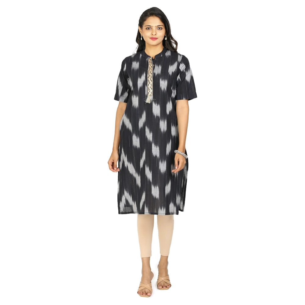 Kansie 100% Pure Cotton Ikat Kurta Black