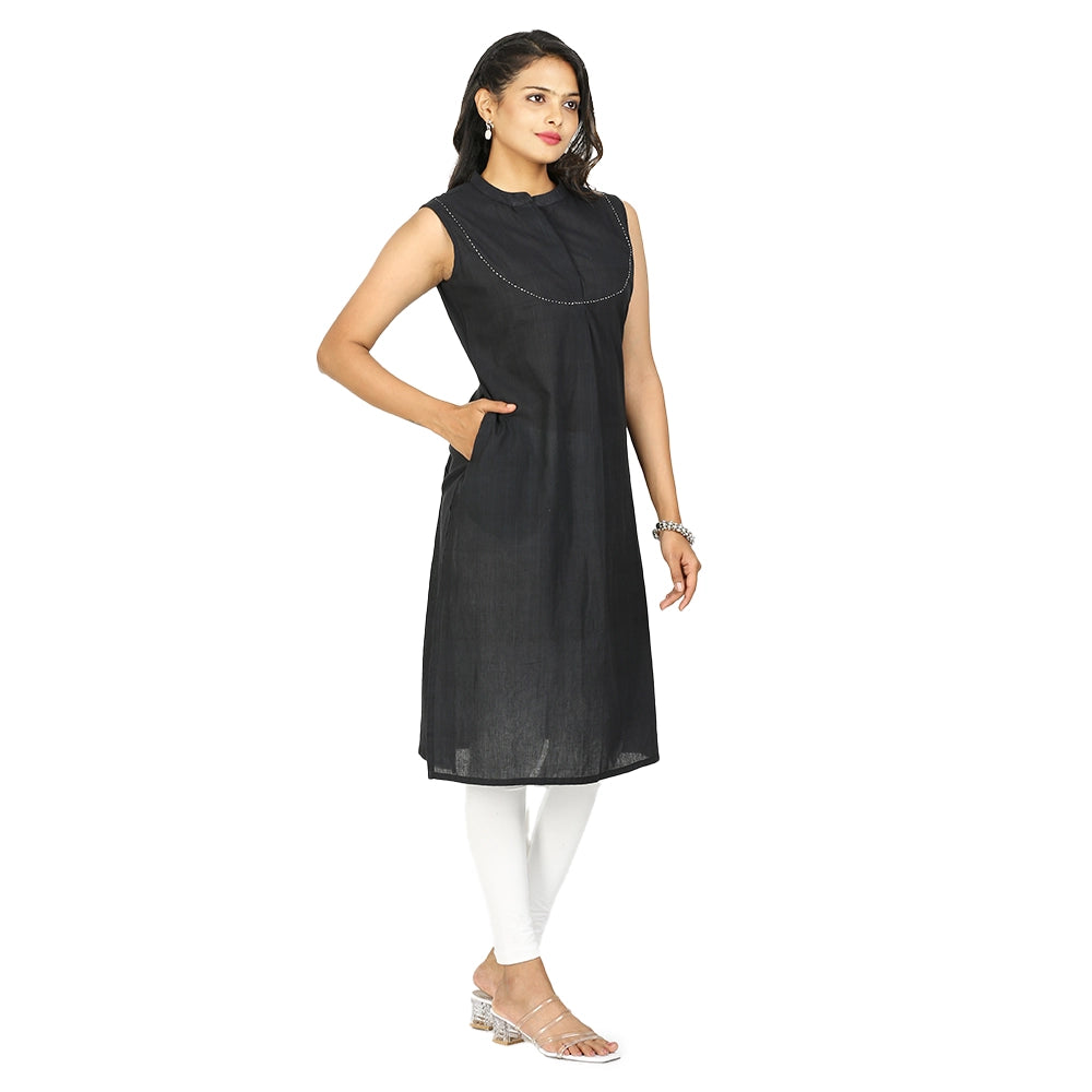 Kansie 100% Pure Cotton Plain Kurta-Black