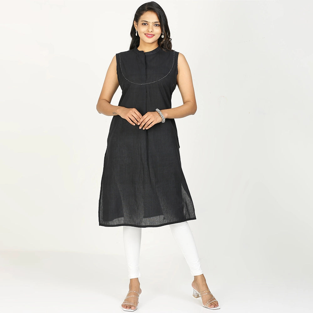 Kansie 100% Pure Cotton Plain Kurta-Black (2)