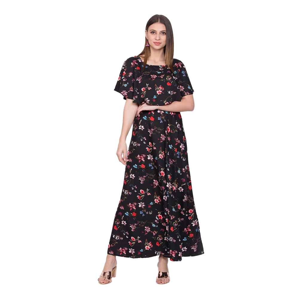 O Madam Crepe Floral Half Sleeve Maxi Round Neck Casual Kurti-1