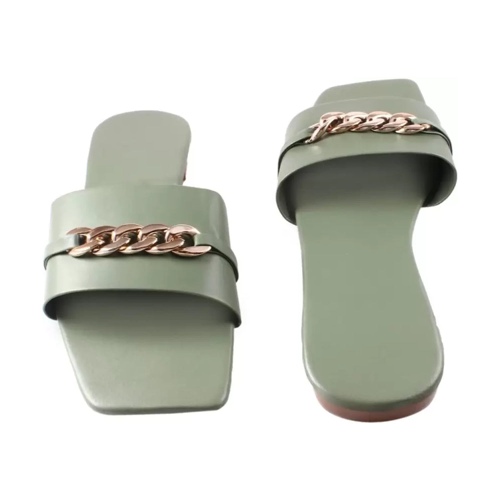 Women Green Flats Chain Patta Sandals-1