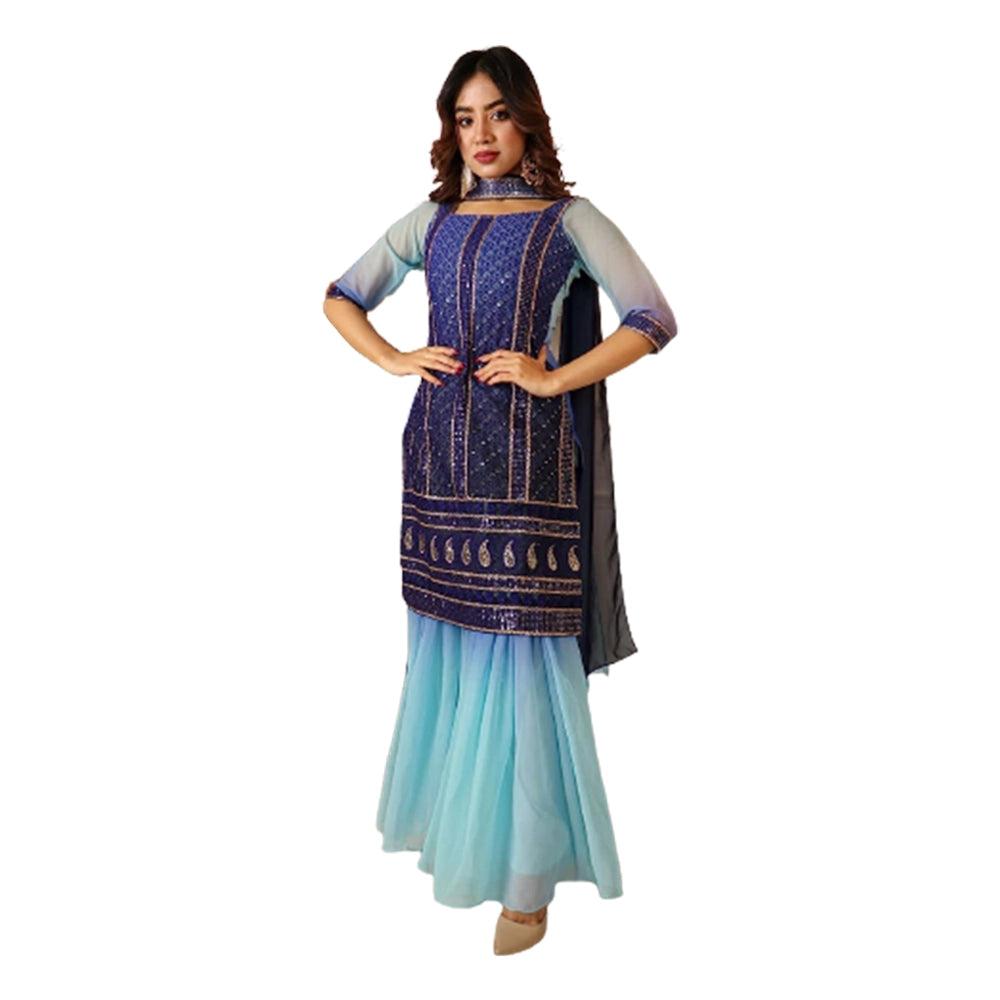 Women's Blue Shaded Sequnece Worked Kurta with Sharara and Dupatta Set-1