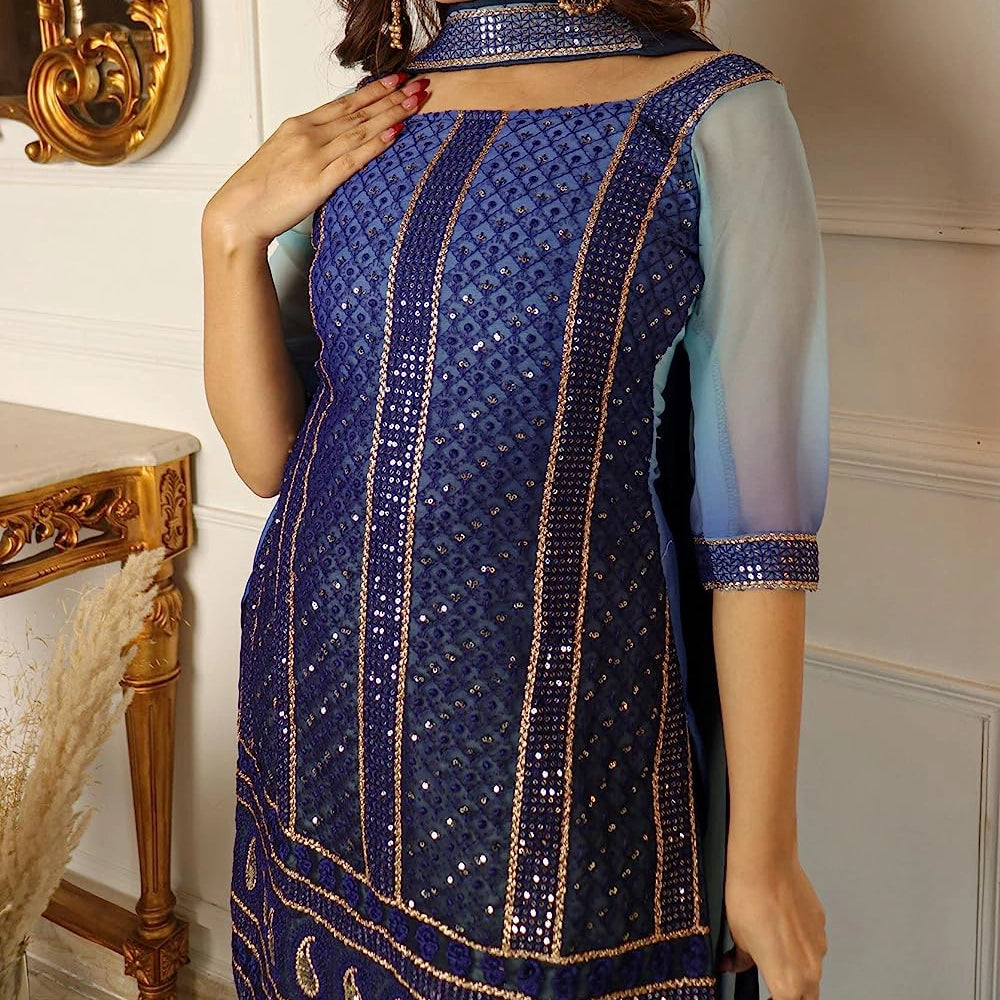 Women's Blue Shaded Sequnece Worked Kurta with Sharara and Dupatta Set-2