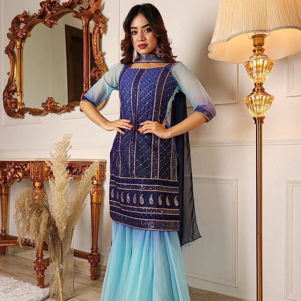 Women's Blue Shaded Sequnece Worked Kurta with Sharara and Dupatta Set-3