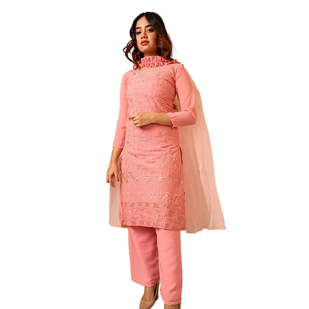 Women's Peach Sequence Floral Embroidered Chiffon Kurti Pant Set with Dupatta-1