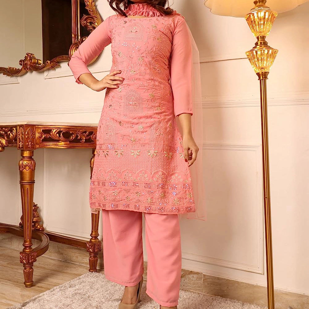 Women's Peach Sequence Floral Embroidered Chiffon Kurti Pant Set with Dupatta-3