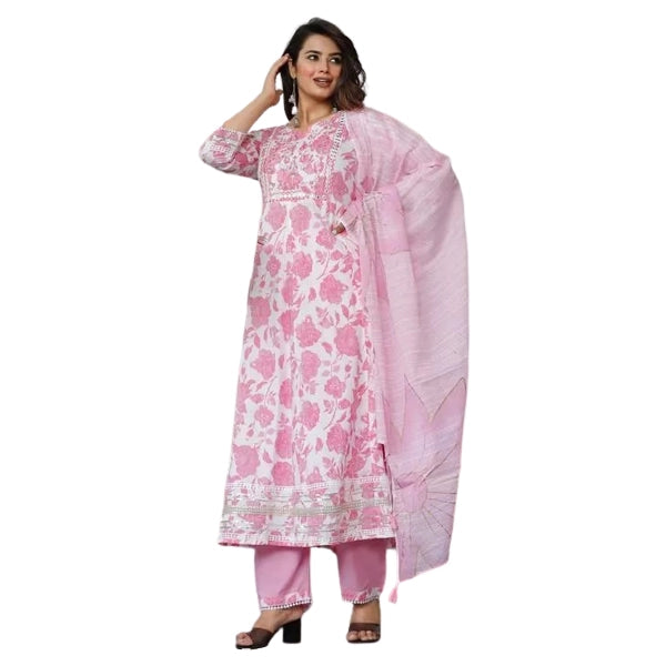 Women's Printed Pink Embroidered work floral print kurta-1