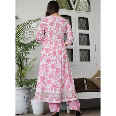 Women's Printed Pink Embroidered work floral print kurta-2