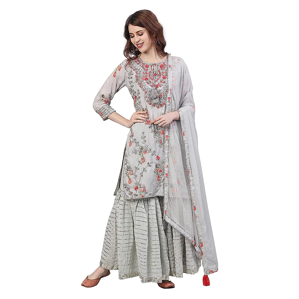 Women's Silk Blend Embroidered A-Line Kurta suit set With Dupatta & Sharara-1