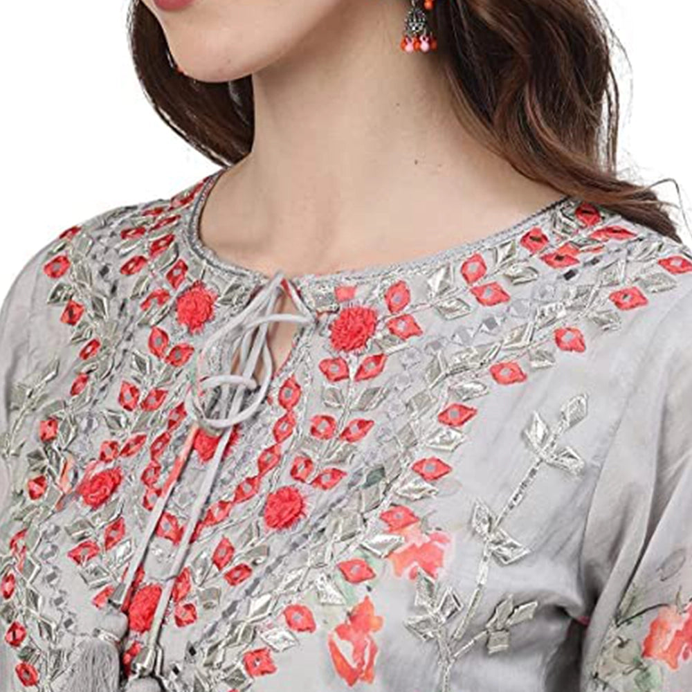 Women's Silk Blend Embroidered A-Line Kurta suit set With Dupatta & Sharara-3