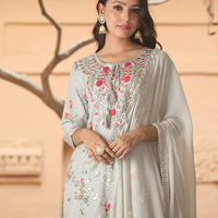 Women's Silk Blend Embroidered A-Line Kurta suit set With Dupatta & Sharara-4