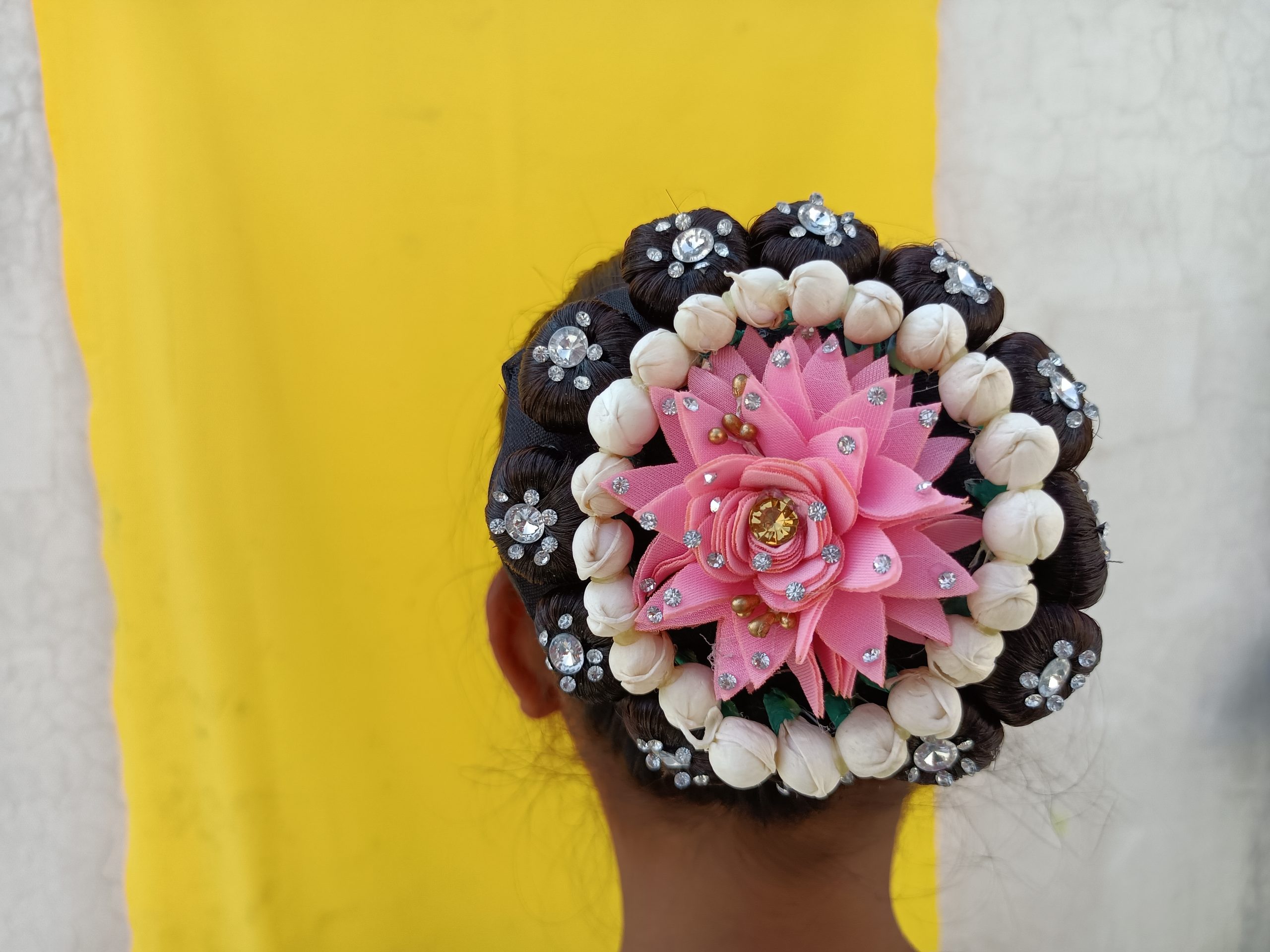 Artificial Morga with Pink Flowers, Stone Juda Hair Bun Extension for Women  And Girls - Rolloverstock